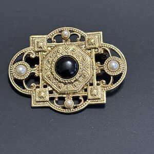 Gold Tone Filigree Brooch Black Cabochon Faux Pearl Victorian Revival Pin